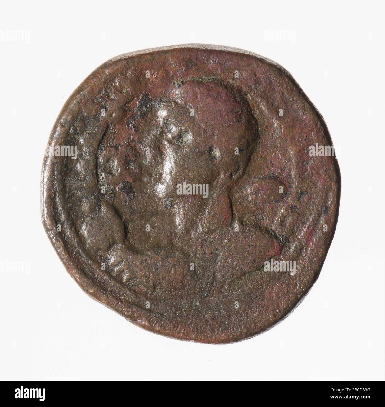 Front: Qutb ad-Din, left, as the Roman emperor Caracalla, dressed with kuras, staff? Over right shoulder and shield over left. Worn, remains of inscription. Reverse: rules inscription., Coin, dirham of Qutb ad-Din Muhammad, Zengid emir of Sinjar, metal, bronze, diam: 2,5 cm, wt. 10.4 grams, 1197-1219 AD, unknown Stock Photo
