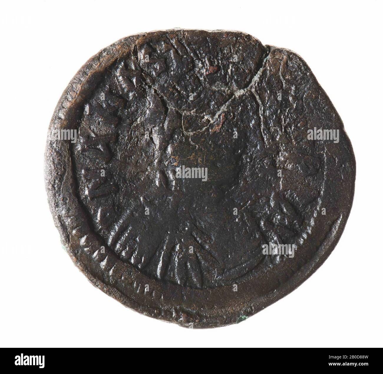 Obverse: Anastasius, right, dressed. Very worn off, remnants of inscription. Reverse: Large M, left and right a star, above a cross, under worn. At the bottom coin remnants of inscription, presumably CON. The large (Greek) letter stands for a number and indicates the coin value. M is 40 nummi, a follis. The small letter below the number (worn here) refers to the workshop where the coin is minted and the letters at the bottom of the coin refer to the place where this workshop was located., Coin, follis of Anastasius I, Byzantine, metal, bronze, diam: 3.4 cm, wt. 15.75 grams, 491-518 AD, unknown Stock Photo