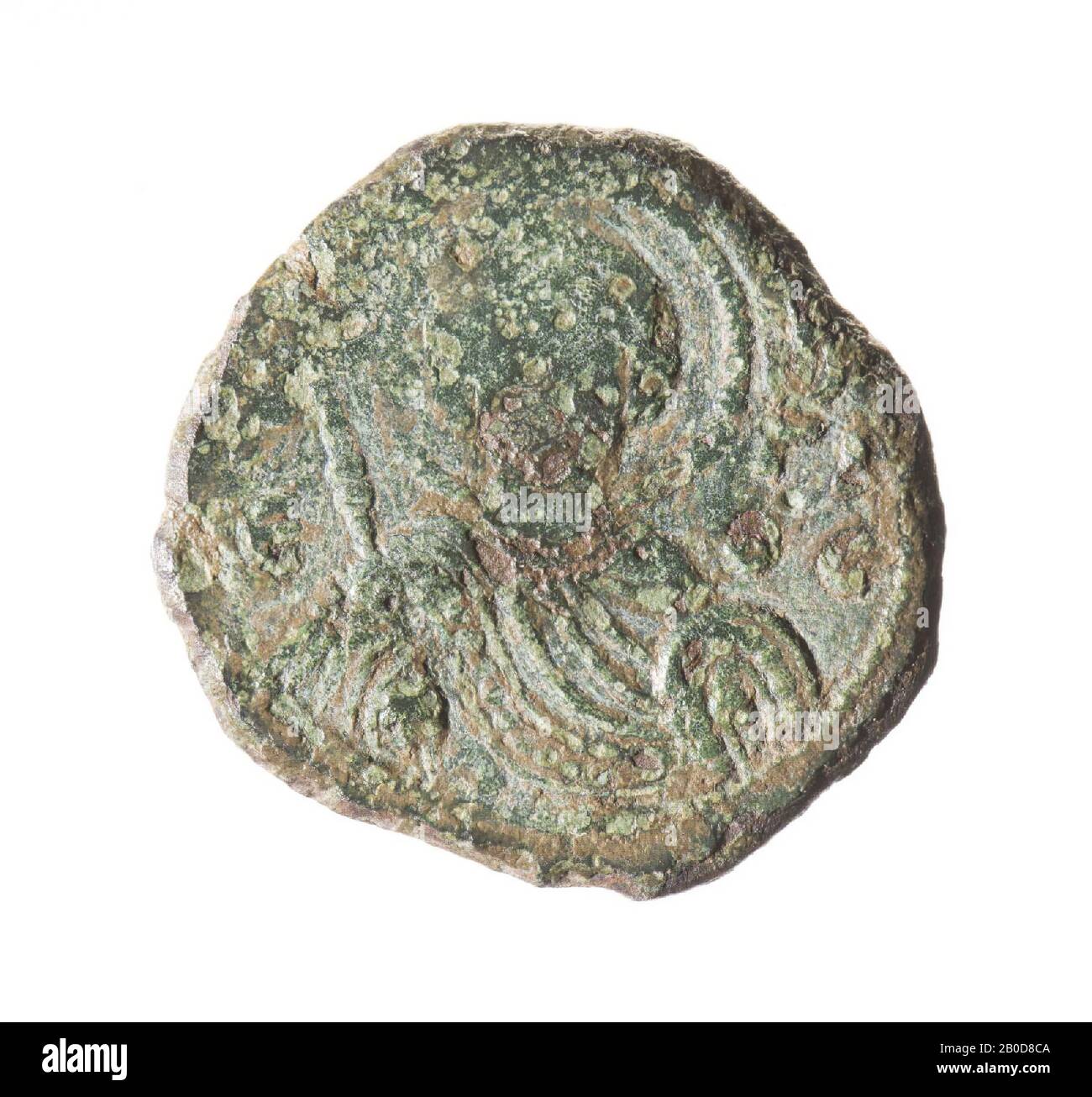 Obverse: Bust, frontal, with nimbus, cloak, spear in right hand and shield in left hand. Presumably st. Joris. Reverse: Bust of Manuel, dressed with loros, with attributes. Worn., Coin, tetarteron from Manuel I, metal, bronze, diam: 2 cm, wt. 3.7 grams, 1143-1180 AD, unknown Stock Photo