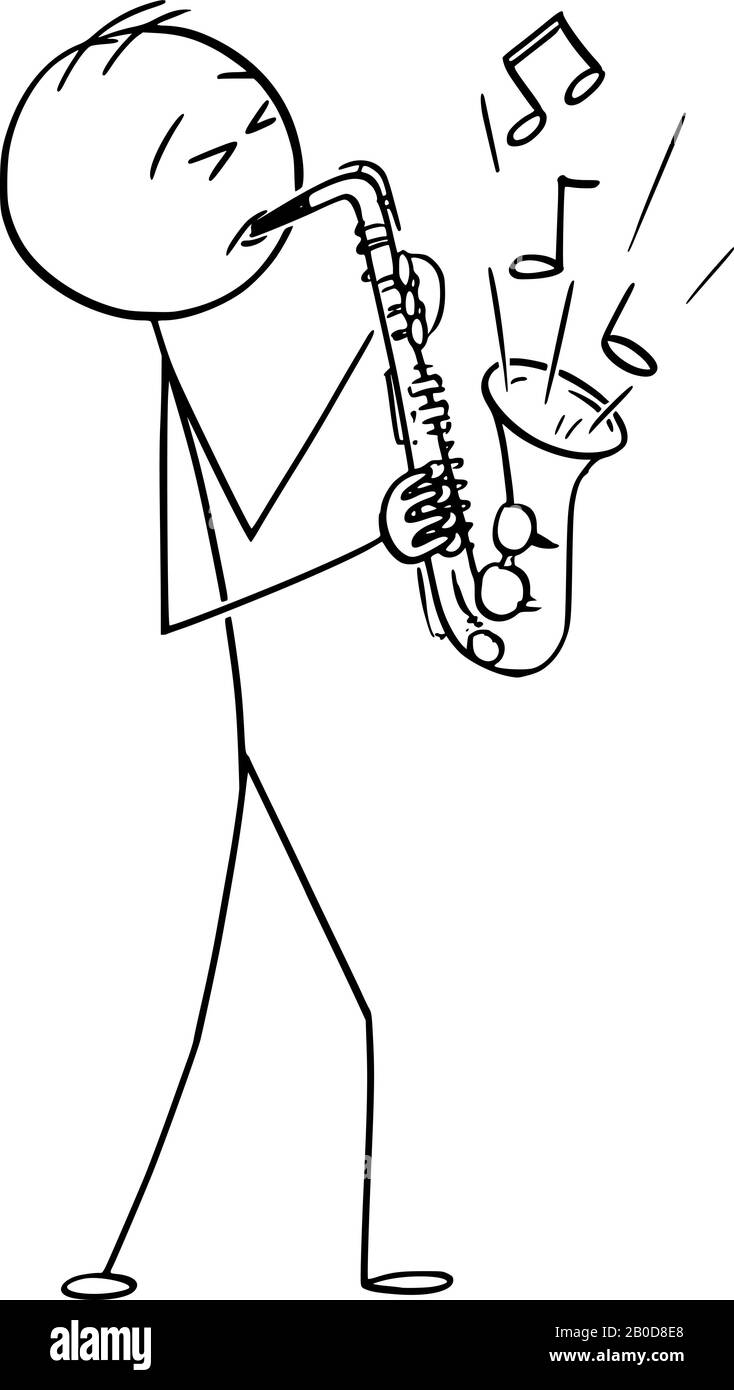 Vector cartoon stick figure drawing conceptual illustration of man or musician playing music on saxophone. Stock Vector