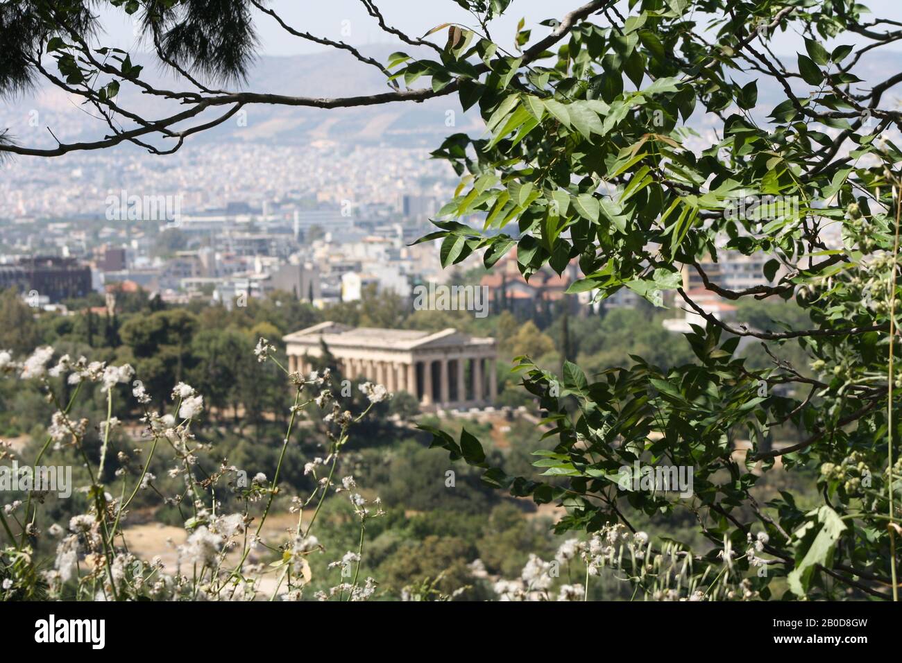 View from the Acropolis to the Temple of Hephaestus. Blick von der Akropolis auf den Tempel des Hephaistos. Stock Photo