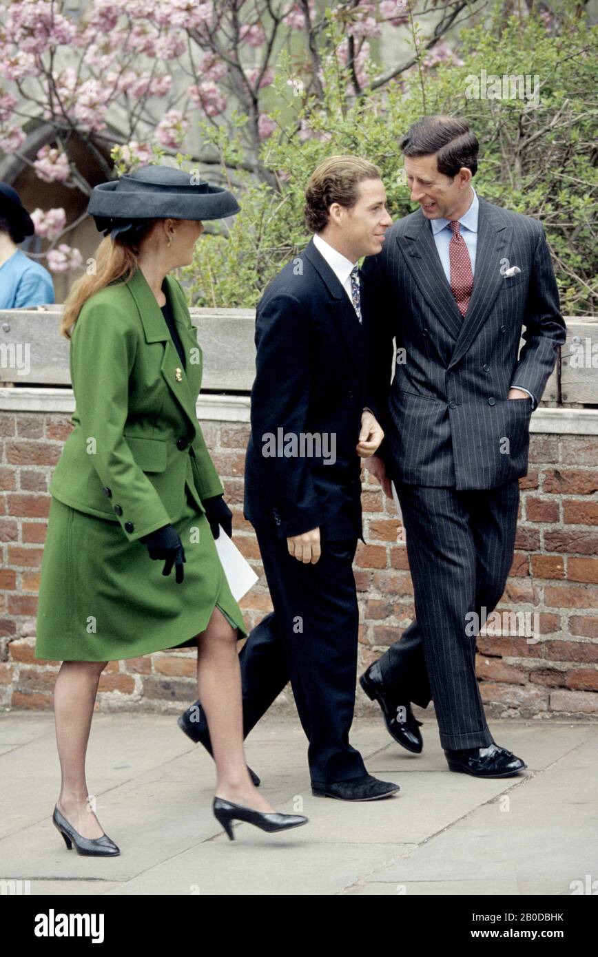Sarah Ferguson, Duchess of York, Viscount Linley and HRH Prince Charles, Prince of Wales at Windsor Castle, England, 1990 Stock Photo