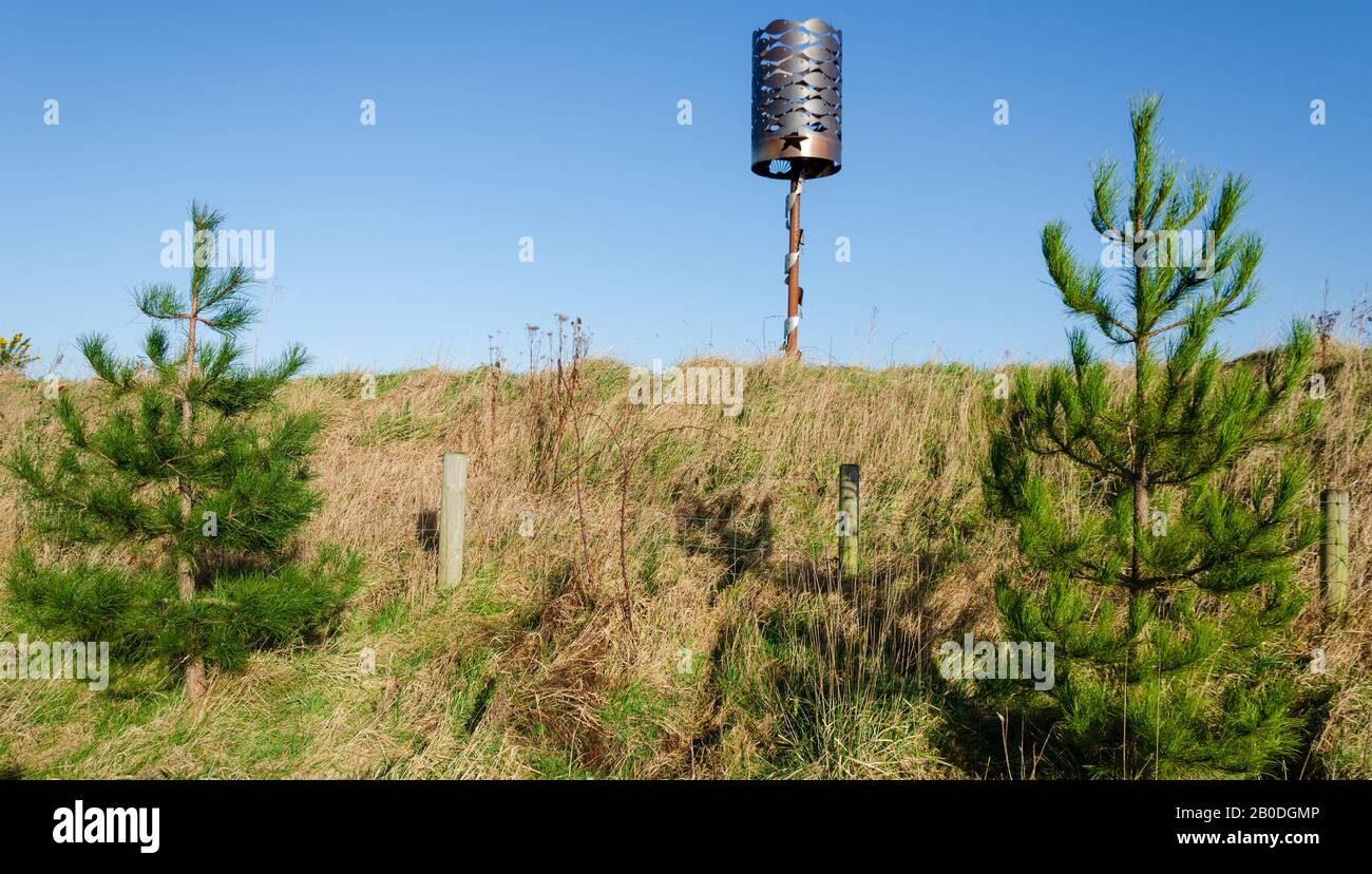 Greenfield, Flintshire, UK Feb 6, 2020A metal beacon, detailed with fish. Located at