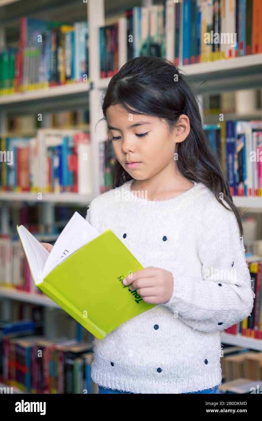 Young Girl Reading A Book In A Library :a Little Girl Calmly Reads ...