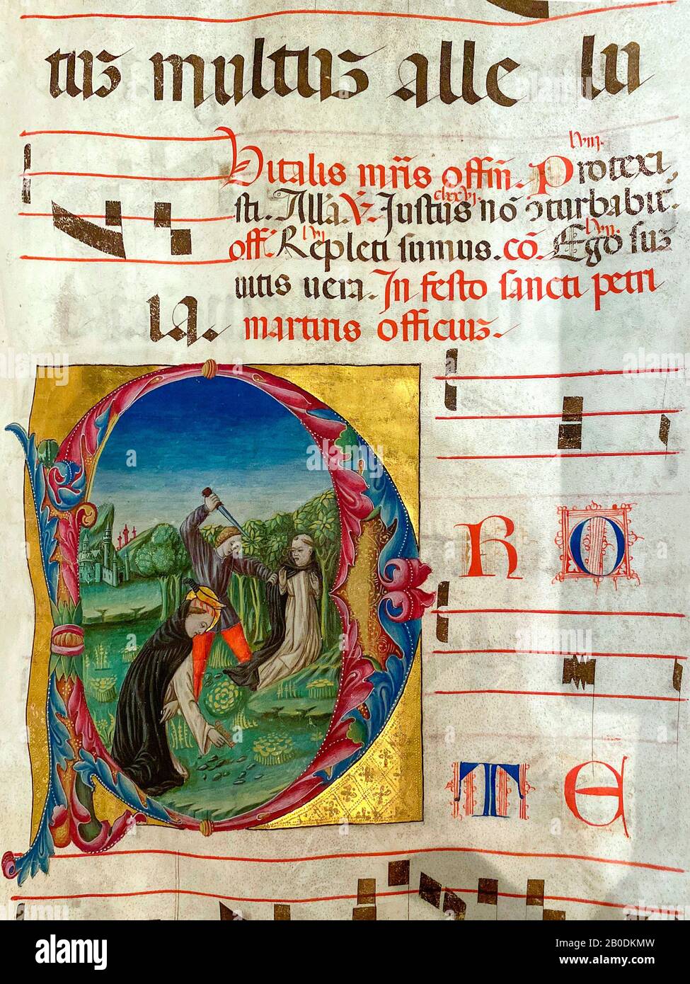 Illuminated text in a medieval choir book (1470) in the Victoria and