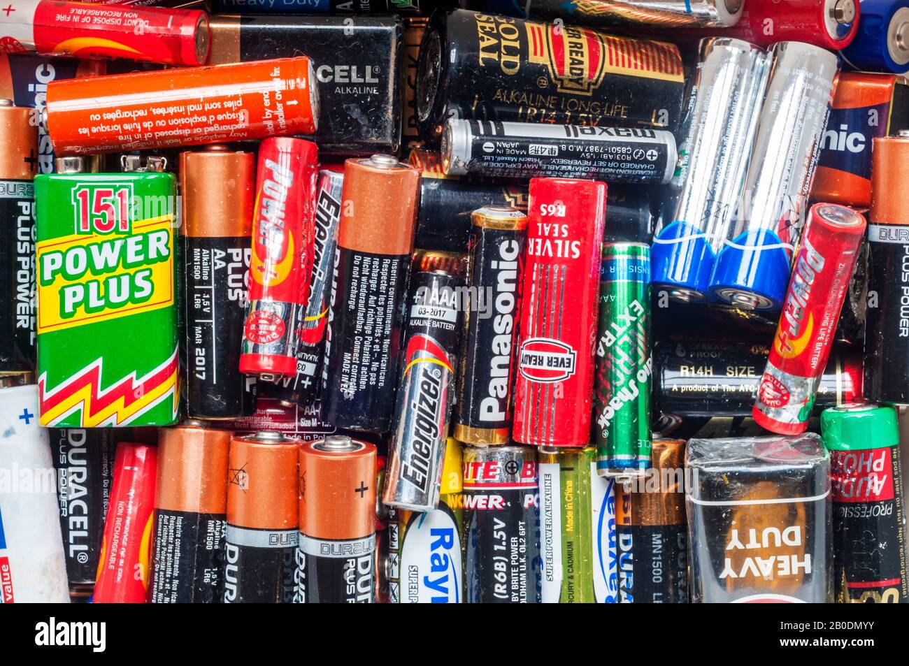 A collection of old leaking batteries to be recycled. Stock Photo