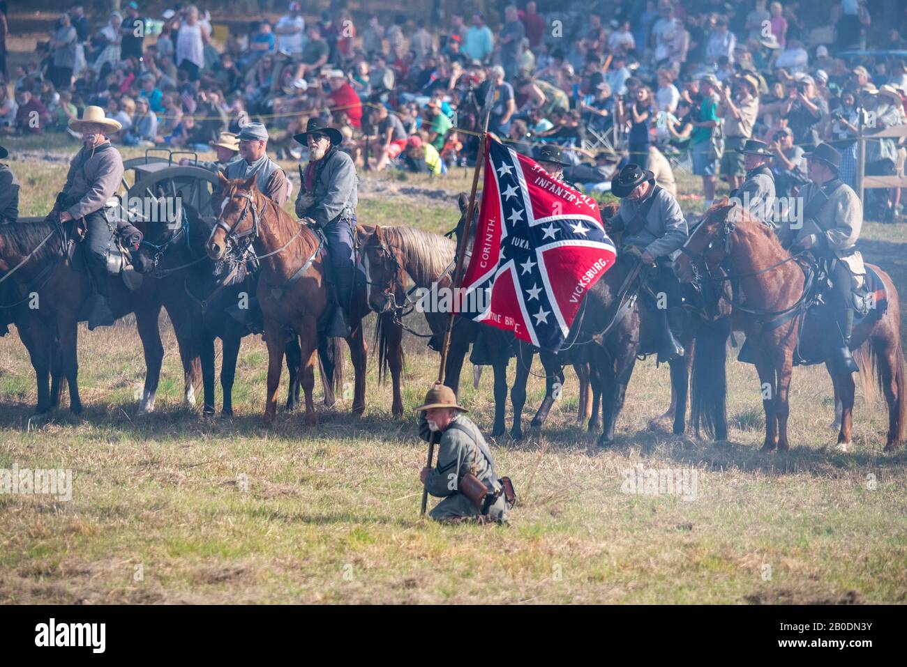 Brooksville, FL - January 18, 2020: Confederate cavalry gathers in front of a large crowd at a civil war reenactment in Brooksville, Florida. Stock Photo