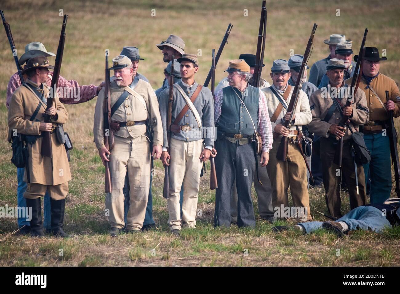 Brooksville, FL - January 18, 2020: Reenactors line up at the end of a battle during a Civil War Reenactment in Brooksville, Florida Stock Photo