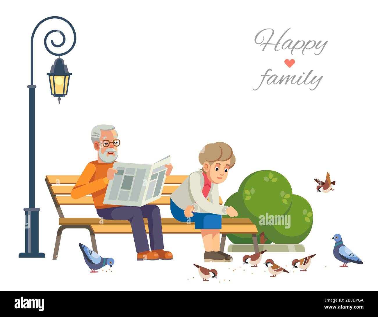 Happy Elderly Couple Feeding The Birds On A Park Bench Isolate On White Background Vector Flat