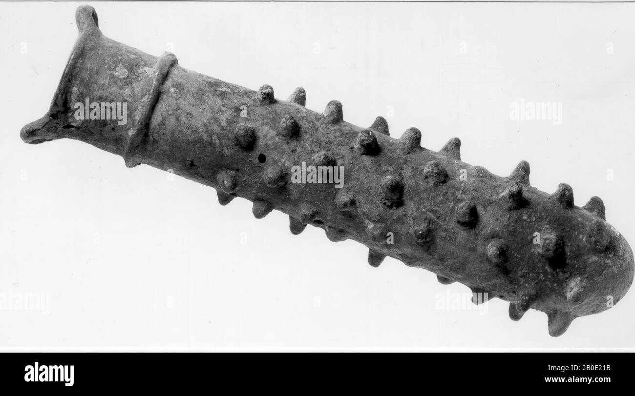An elongated bronze mace head with pointed protuberances., Weapon