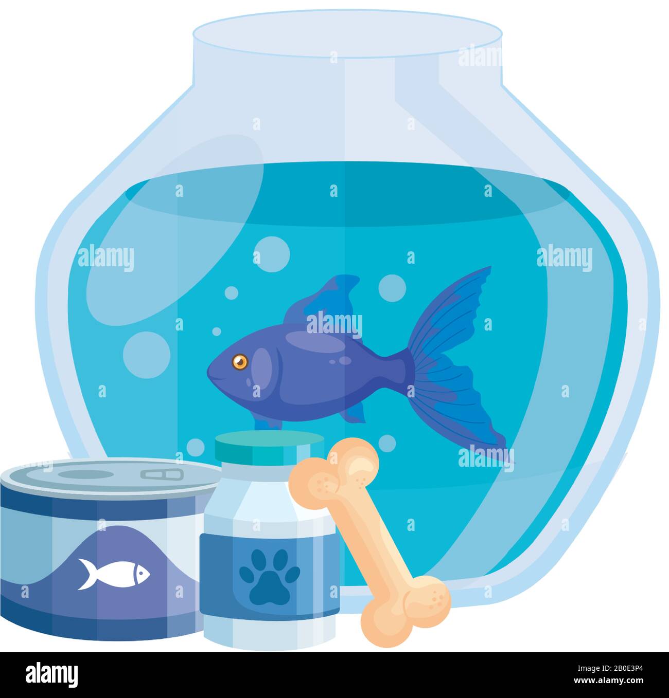 round glass fish bowl with food for fish in can and icons Stock Vector