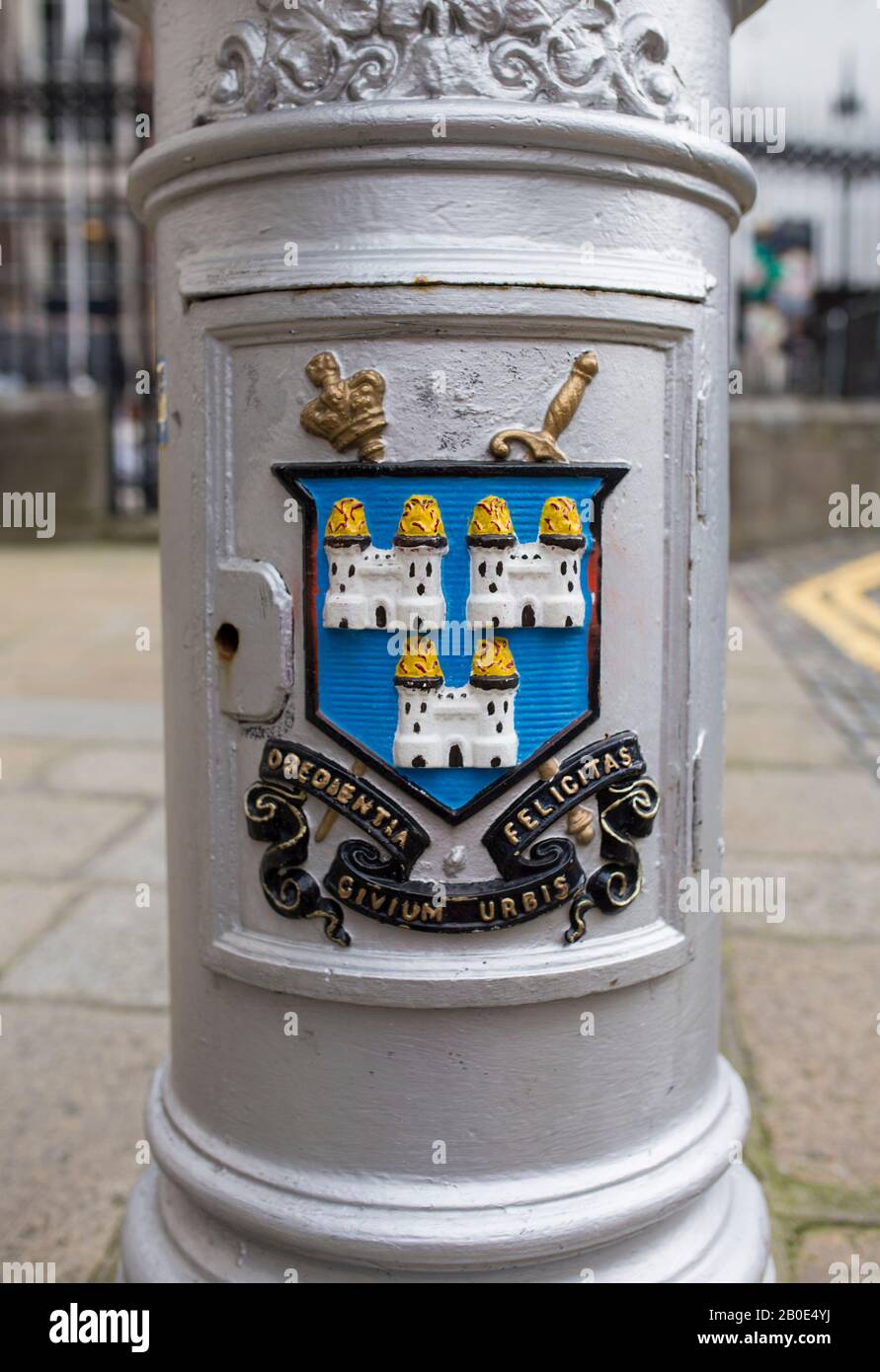 Dublin, Ireland Feb 20th, 2020 Dublin coat of arms on Dublin City