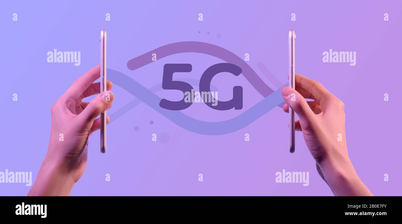 5g internet network concept Wireless connection between two cell phones. Stock Photo