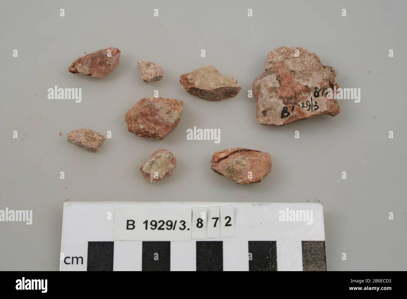8 matching fragments of pottery, shard, pottery, l: 3.7 cm (largest shard), Israel Stock Photo