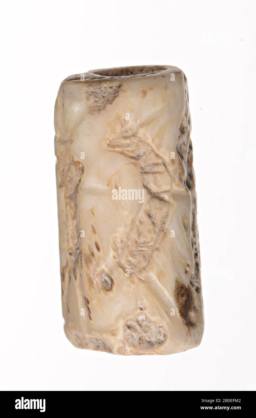 A stone cylinder stamp with an image of two unclear standing figures (possibly one goat), an inverted tree and upright animal (goat?). False., Seal, stone, white, H 3 cm, D 1.5 cm, Iran Stock Photo