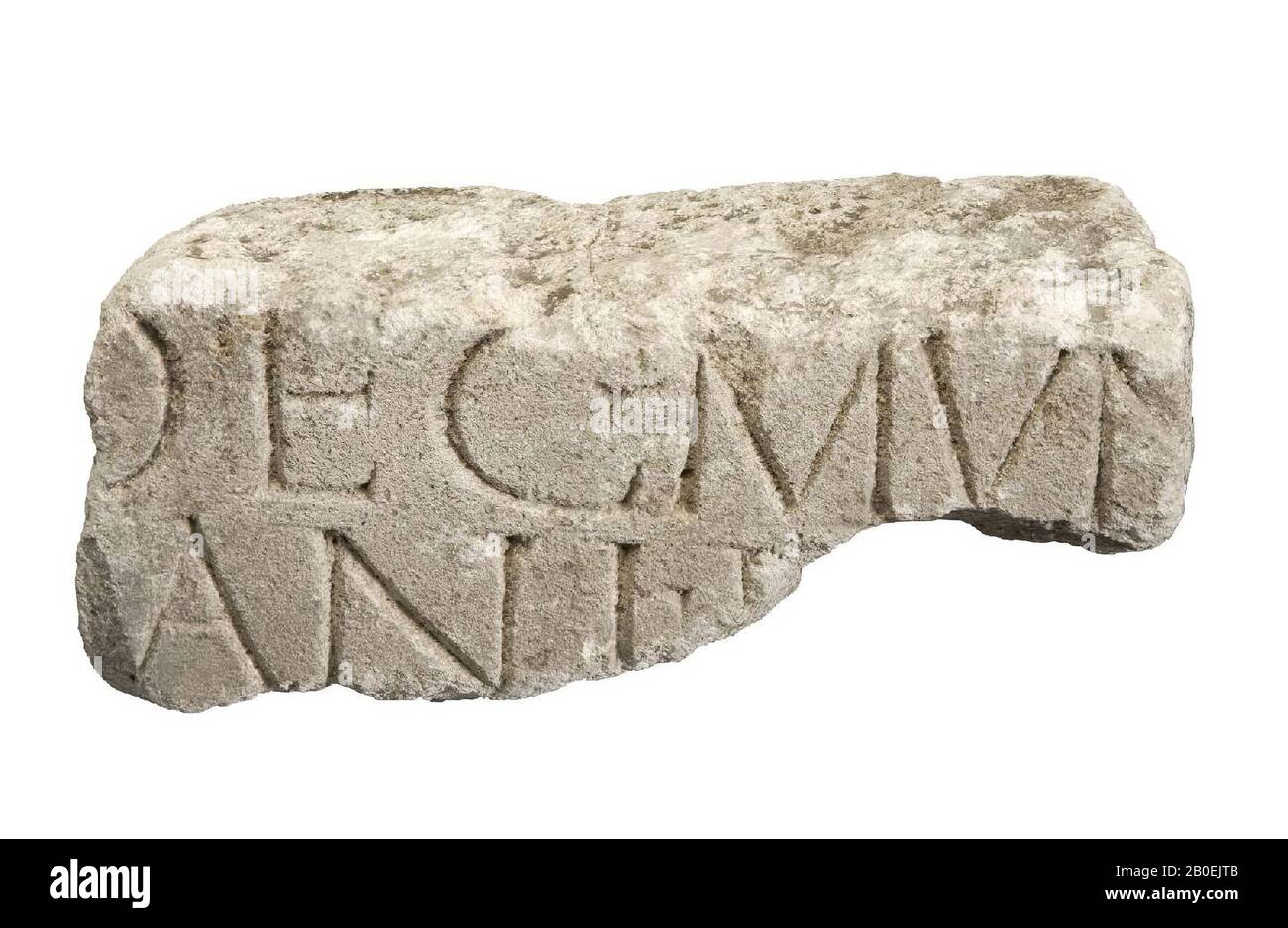 Lorraine limestone. Fragment of inscription, which is interpreted as: --- dec (urio) mun (icipii) ---? --- (Fori Hadri) ani i ---?., Inscription, stone, limestone, 10.5 x 26.5 x 11.1 cm, Roman 120-270 AD, Netherlands, South Holland, Leidschendam-Voorburg, Voorburg, Arentsburg Stock Photo