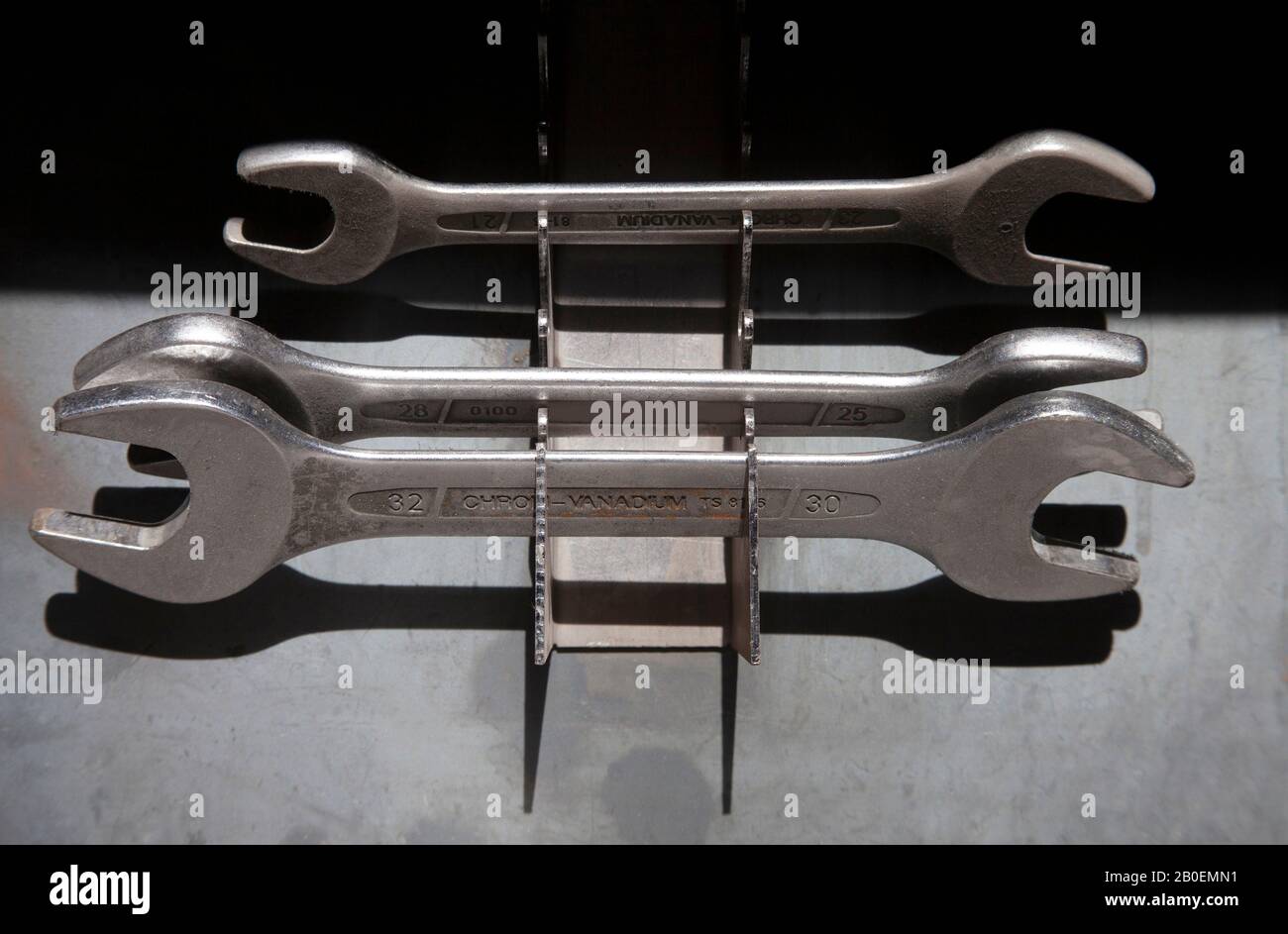 Wrench tool set on steel plate Stock Photo Alamy