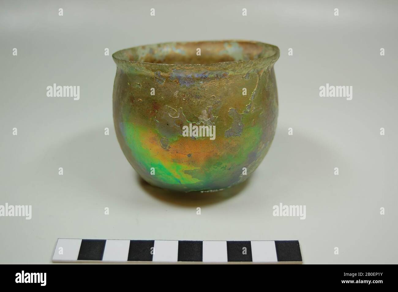 Spherical jar with raised edge of very beautiful iridescent glass., Jar, glass, 6.5 cm, Roman Stock Photo