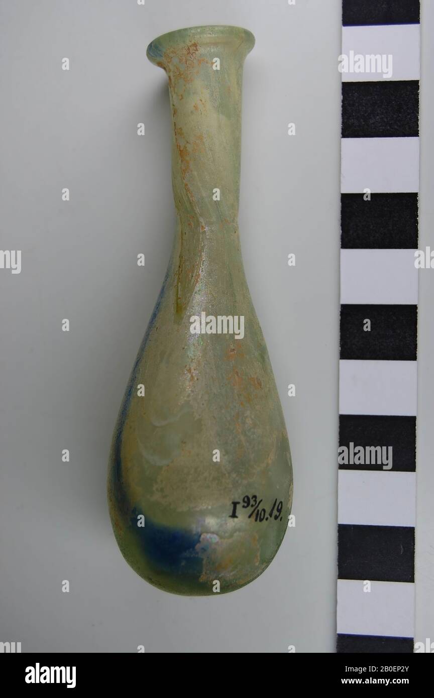Flask of greenish glass with oval body and narrow neck, bottle, olfactory bottle, glass, 10 cm, Turkey Stock Photo