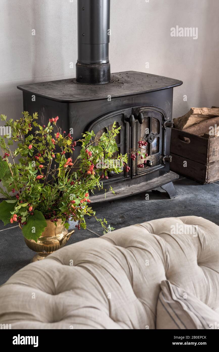 Vintage brass urn filled with cuttings on hearth with log burner Stock Photo