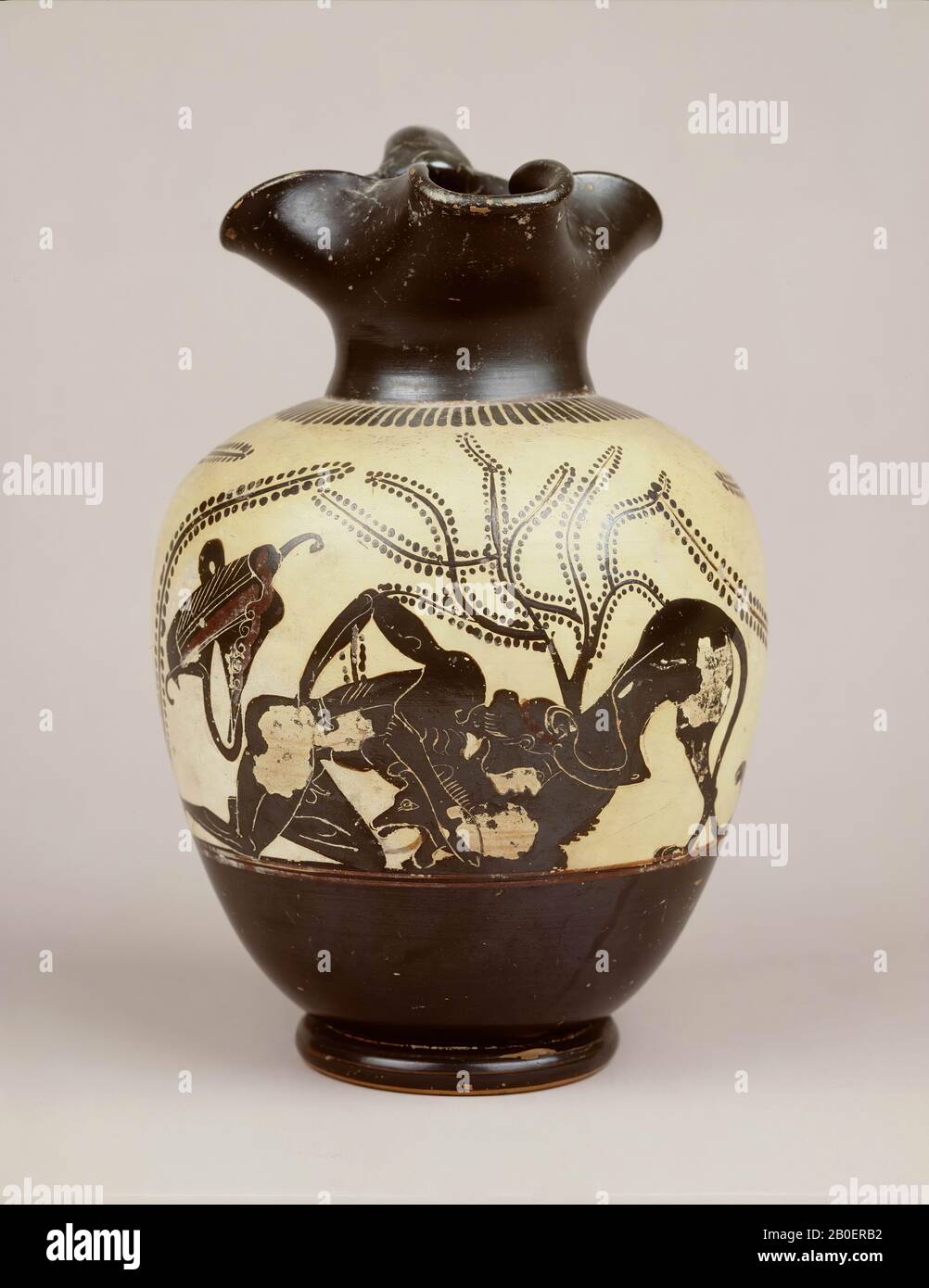 Attic black-figure white-ground oinochoe. Decoration of Heracles wrestling Stock Photo