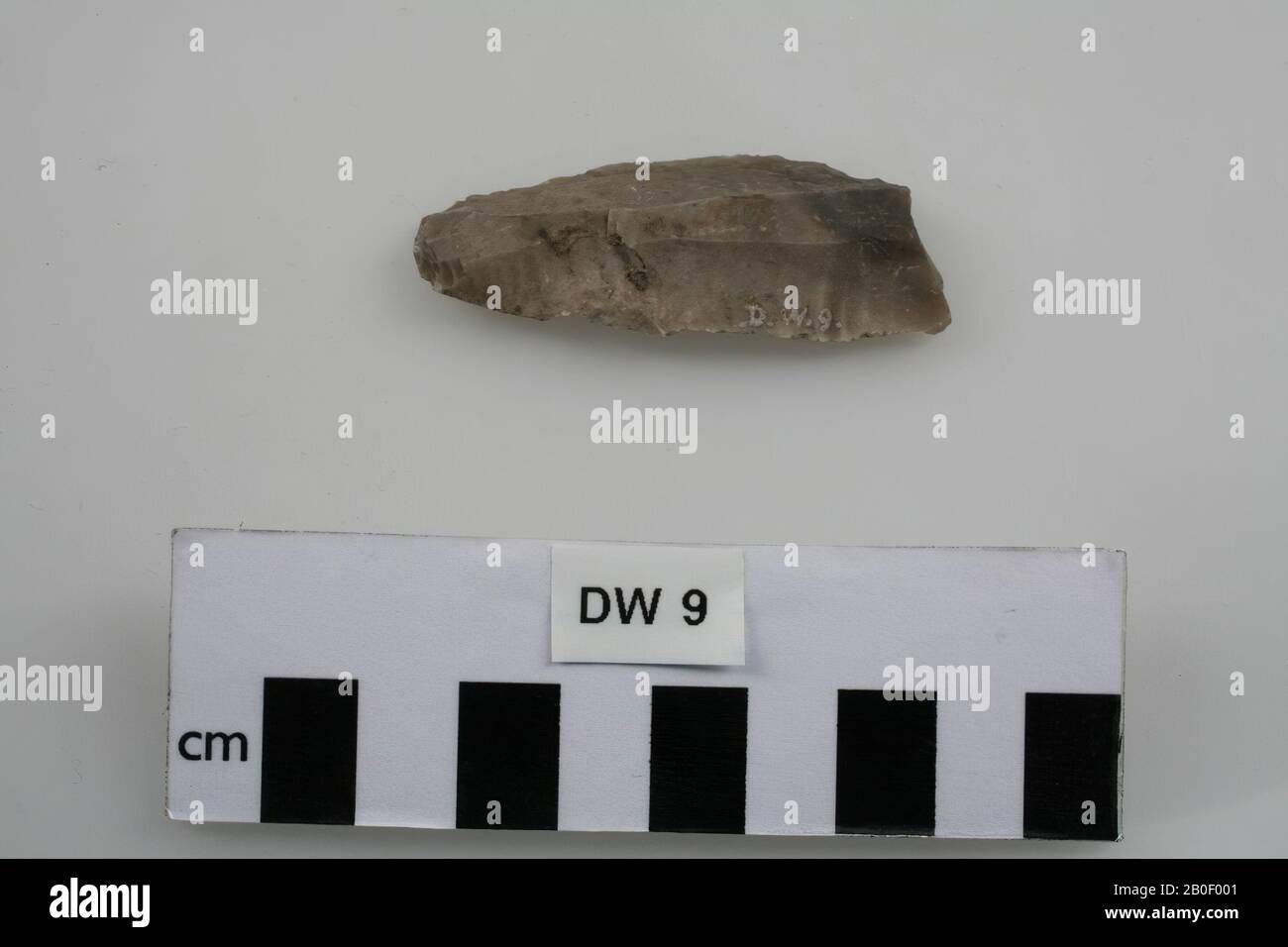 Narrow, thin flint stone tool., Tool, stone, flint, 0.5 x 2.5 x 6 cm, prehistoric, Denmark, Sjaeland, unknown, unknown Stock Photo