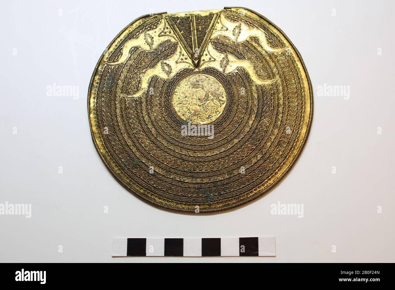 Replica of the 670 slice disc found at Åsum, Skane (S), disc, metal, copper, 12.0 x 11.7 x 0.2 cm, Sweden, unknown, unknown, Skane Stock Photo