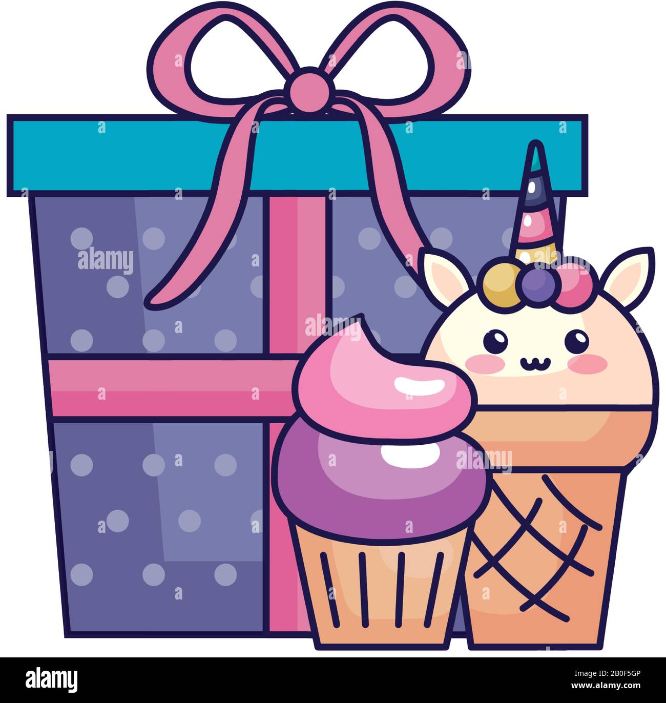 cute unicorn ice cream with cupcake and gift box Stock Vector Image