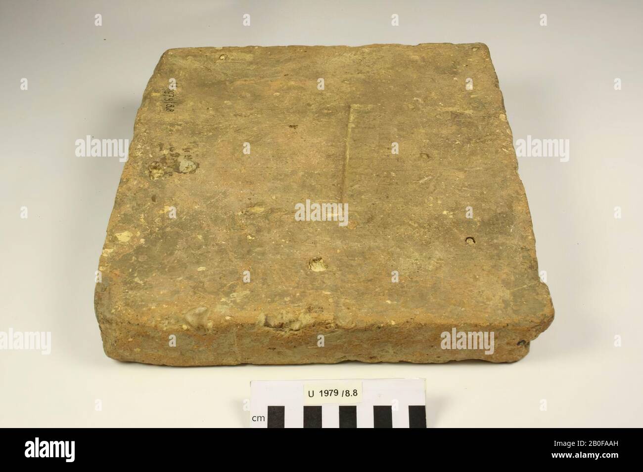Later of brick with stamp VEXBRT. Crack of 20 cm long., Later, brick, earthenware, brick, 30.5 x 28 x 8 cm, roman, Netherlands, unknown, unknown, unknown Stock Photo