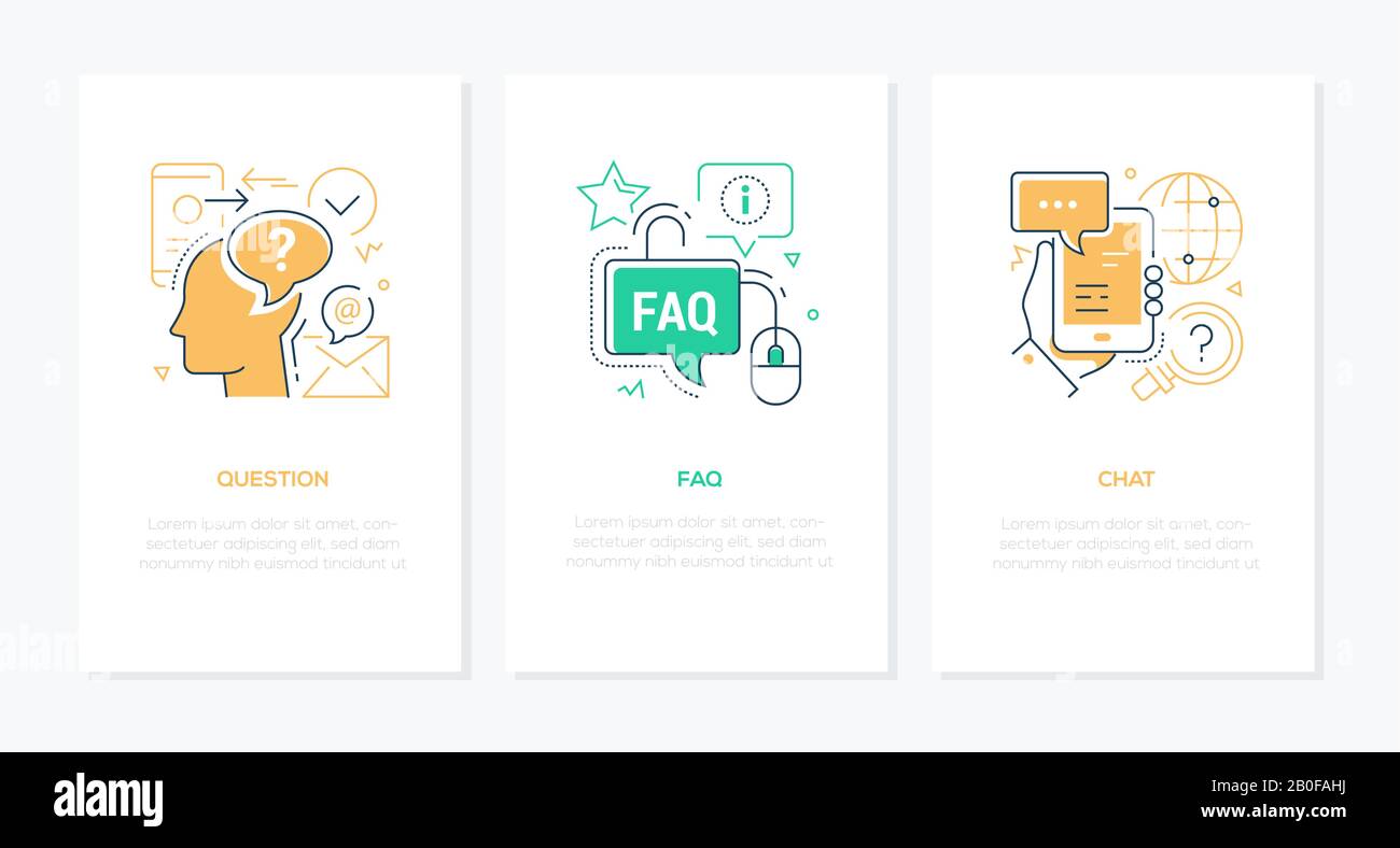Technical support - line design style banners set with place for text. Linear illustrations with icons. Question, FAQ, online chat ideas. Business com Stock Vector