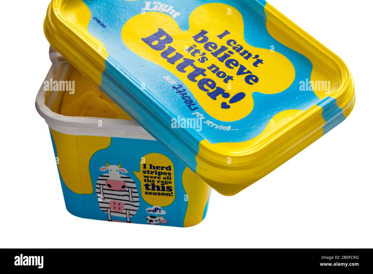 tub of I can't believe it's not butter Light, I herd stripes were all the rage this season set on white background Stock Photo