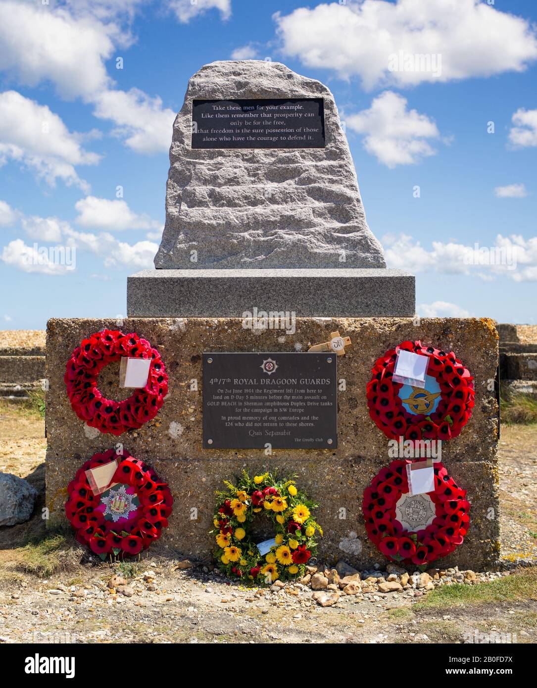 A memorial for the Royal Dragoon Guards at Lepe Beach Hampshire for their sacrifice during world war two in Operation Overlord. Stock Photo