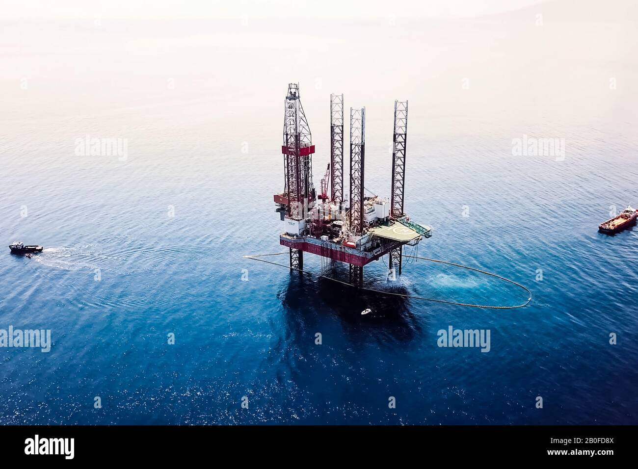 Drilling platform in the port. Towing of the oil platform Stock Photo
