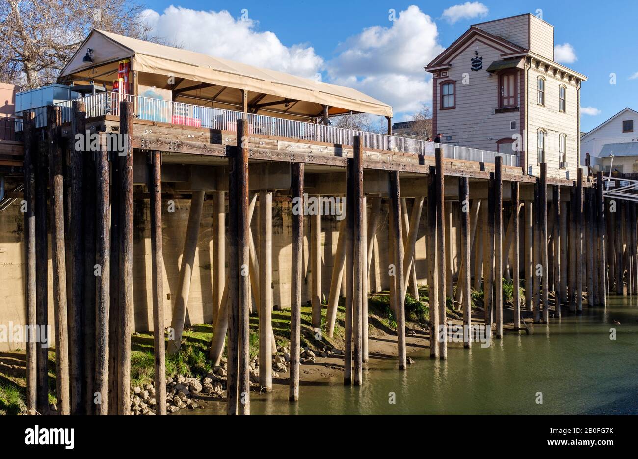Historic riverfront buildings and wharf in Old Sacramento, California Stock Photo