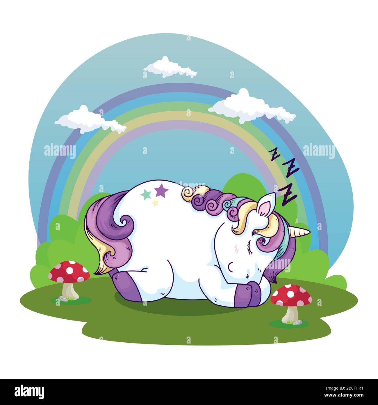 cute unicorn sleeping in landscape with rainbow Stock Vector Image ...