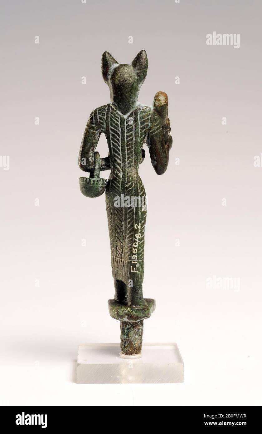 sculpture, Bastet, sistrum, basket, collar, lion's head, bronze, goddess, bronze, 8 cm (3 1