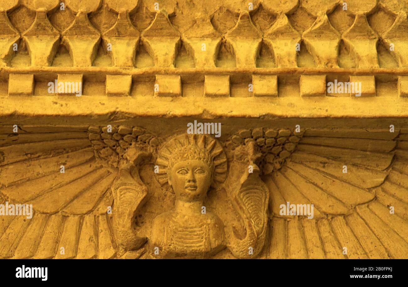 cornice, sun, wings, Helios, relief, limestone, 47 x 141 x 14 cm, Greco-Roman Period, Roman imperial period, Egypt Stock Photo