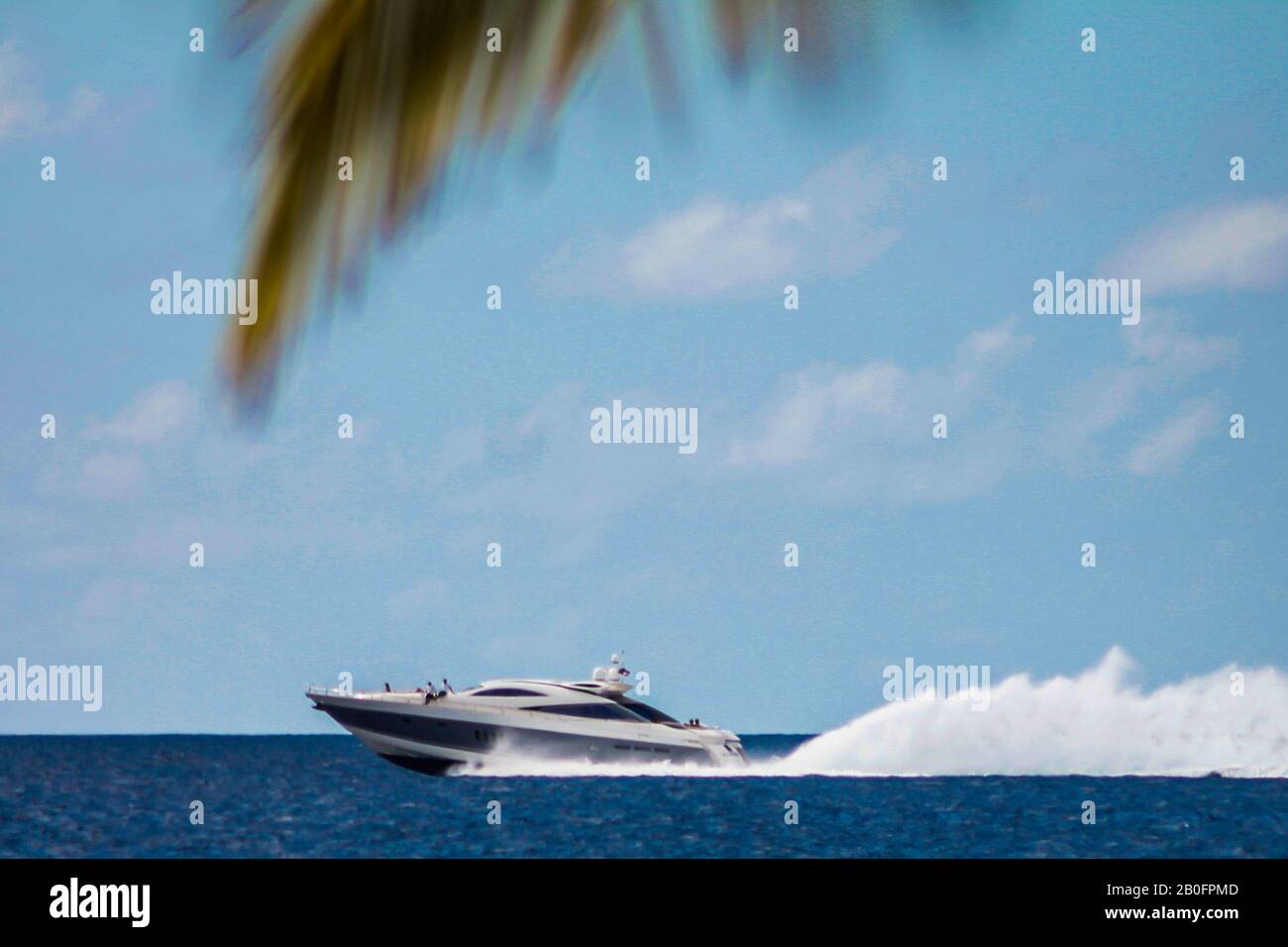 Motorboat speeds over the sea in the Dominicus coast Stock Photo - Alamy