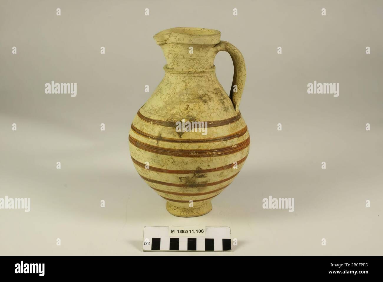 Can be decorated with a spout and 1 ear of smooth-walled earthenware on the belly with red bands. Cool, traces of plant roots on the surface., Can, pottery, h: 23.5 cm, diam: 14 cm, roman end 3rd century AD, Germany, unknown, unknown, Cologne Stock Photo