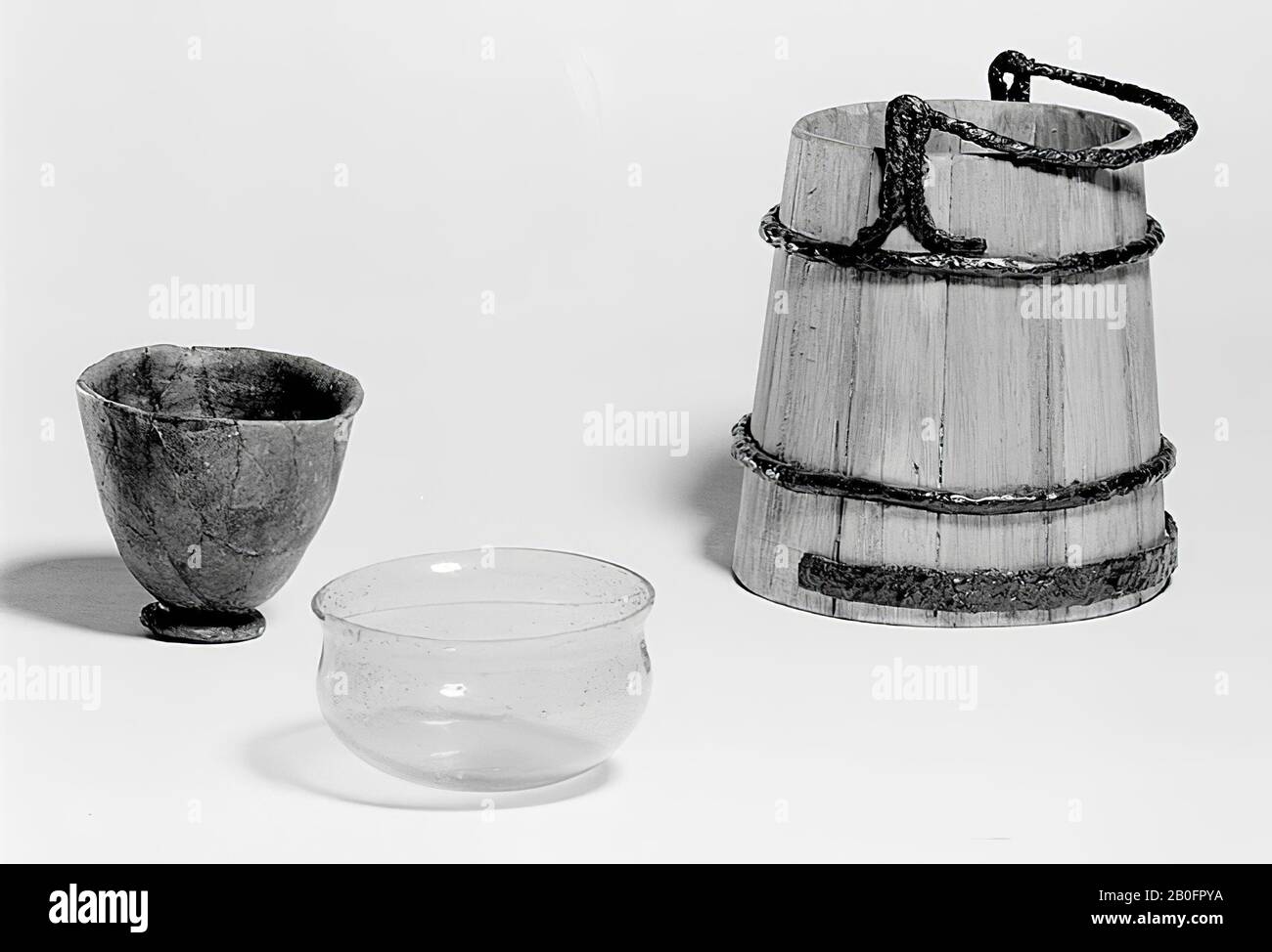 Reconstruction of wooden bucket with original iron staves., Bucket (reconstruction), organic, wood, iron, height: 18 cm, vmea 375-450, Netherlands, Utrecht, Rhenen, Rhenen, grave 846 Stock Photo