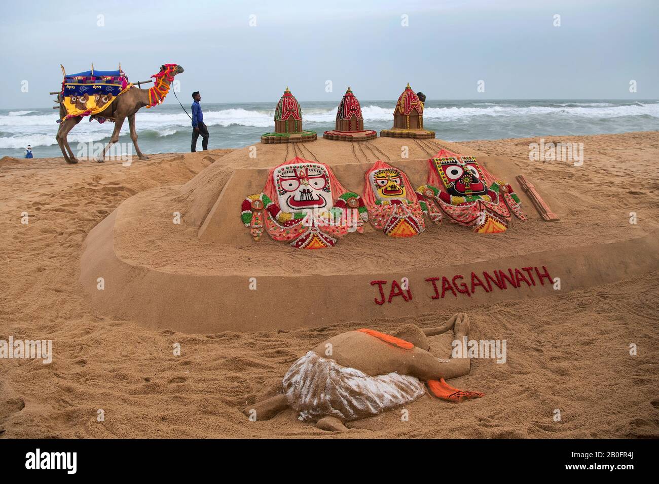 The image of Sand art at beach at Rath Yatra festival in Puri, Odisha, India, Asia. Stock Photo