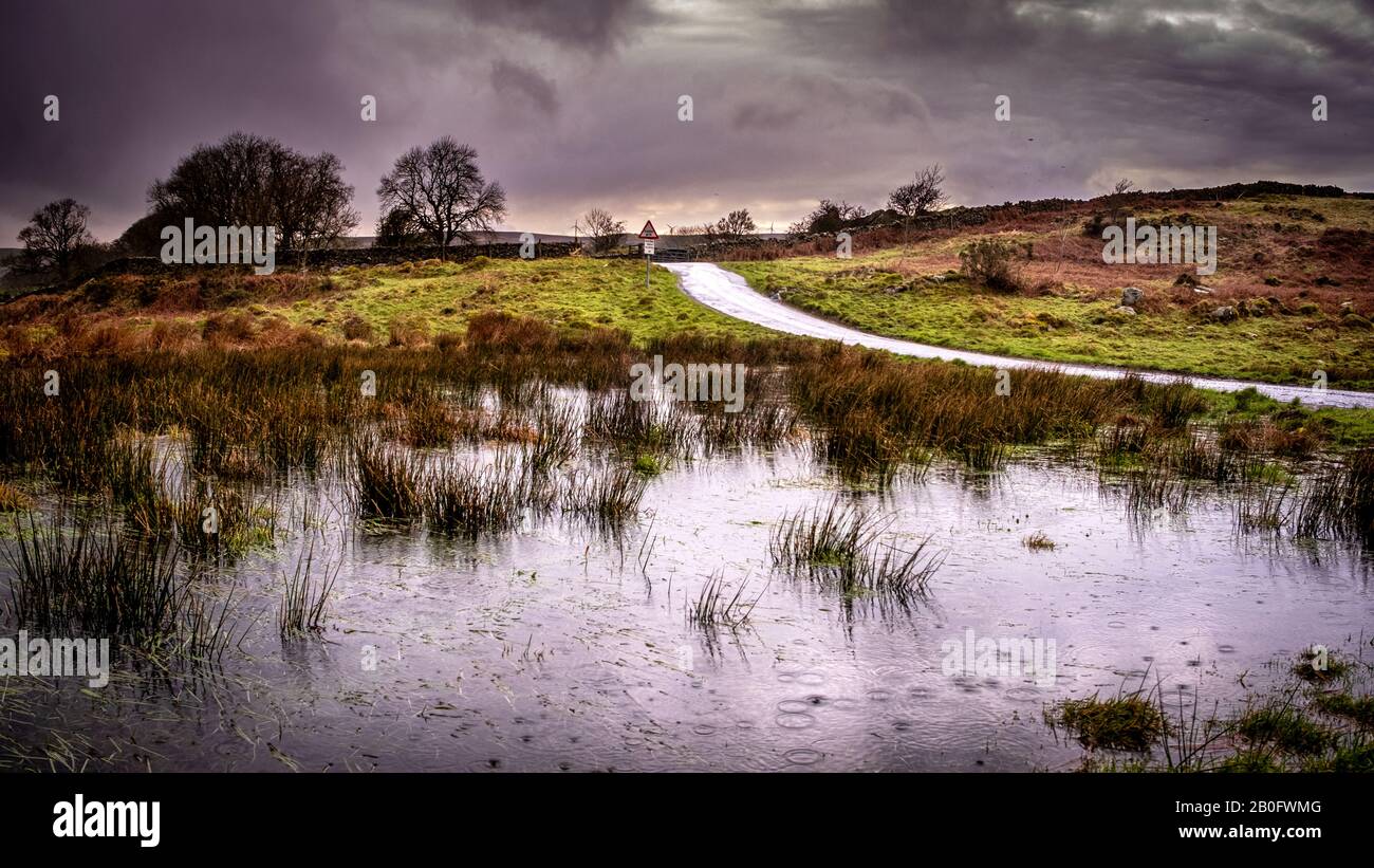 Rain falling on flooded fields on the flanks of Lowick Beacon on a dark, moody afternoon in Cumbria.  Fujifilm X-T3, Fujinon 18-55 f2.8-4.0 @ 18mm, f= Stock Photo