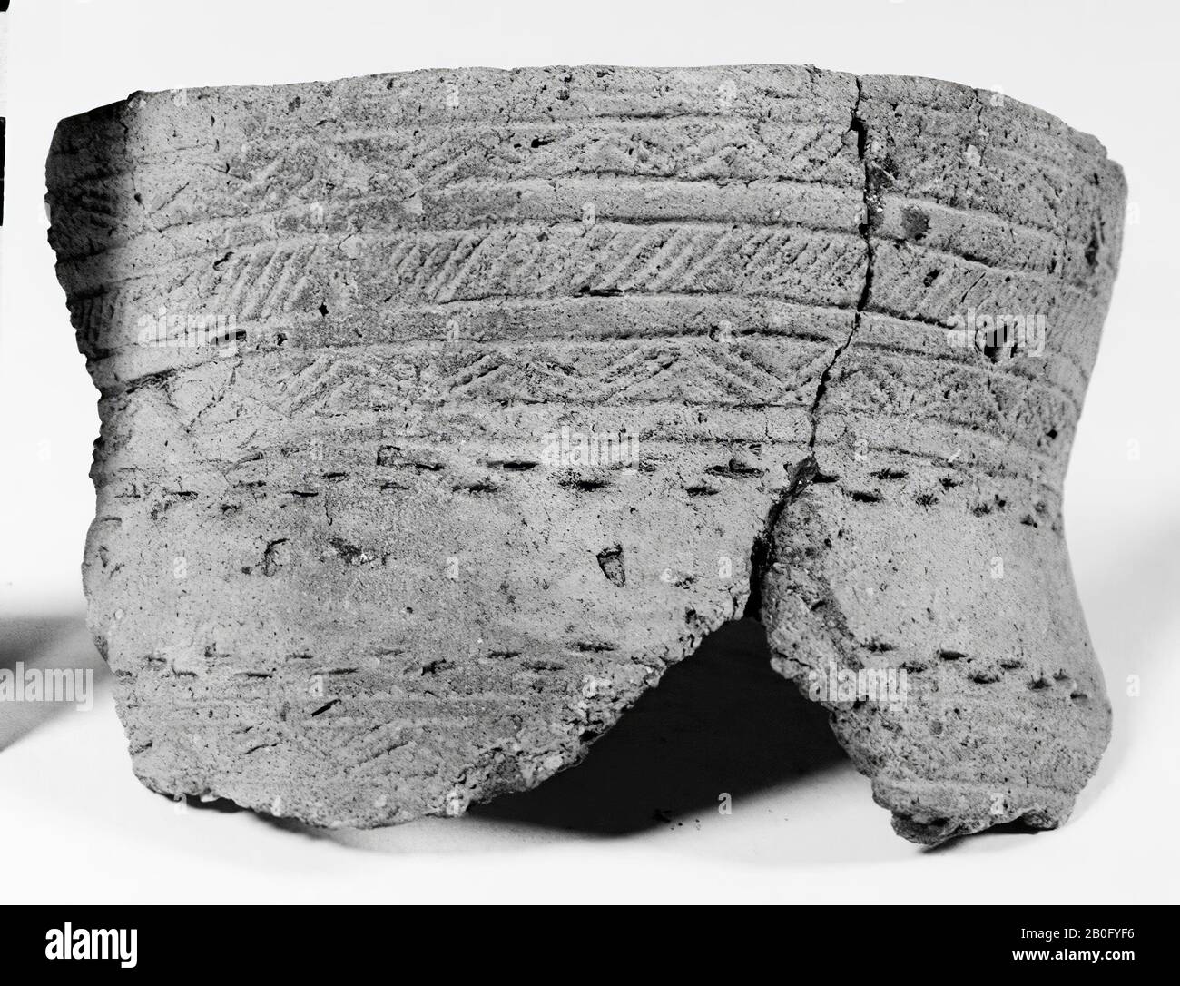 Fragment of an S-shaped cup, decorated in zones. Border piece, broken into two pieces. Both pieces have glueing, cup, fragment, pottery, 11.2 x 6.6 x 5 cm (largest fragment), prehistory -2700 Stock Photo
