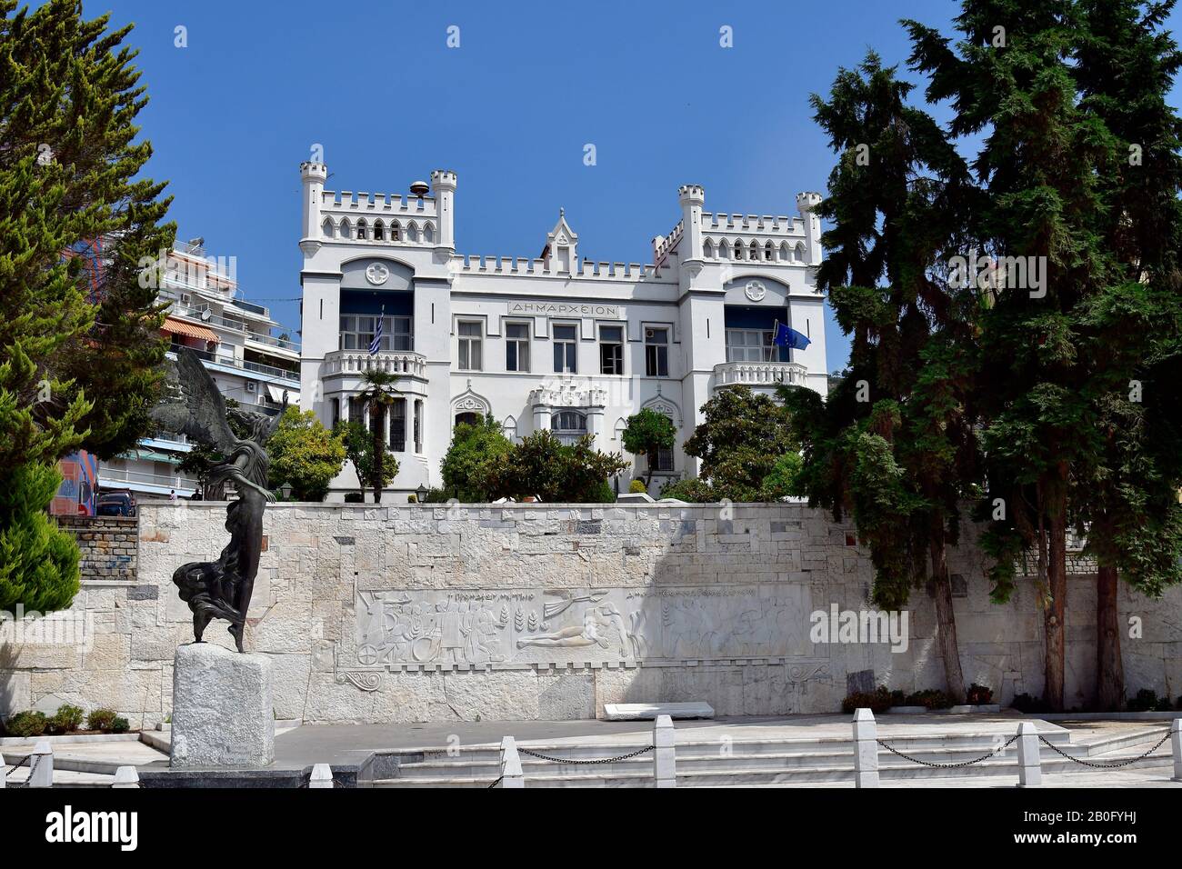 Kavala, Greece - June 11, 2018: Sculpture of Goddess Nike and relief in  front of town hall in the city in East Macedonia Stock Photo - Alamy