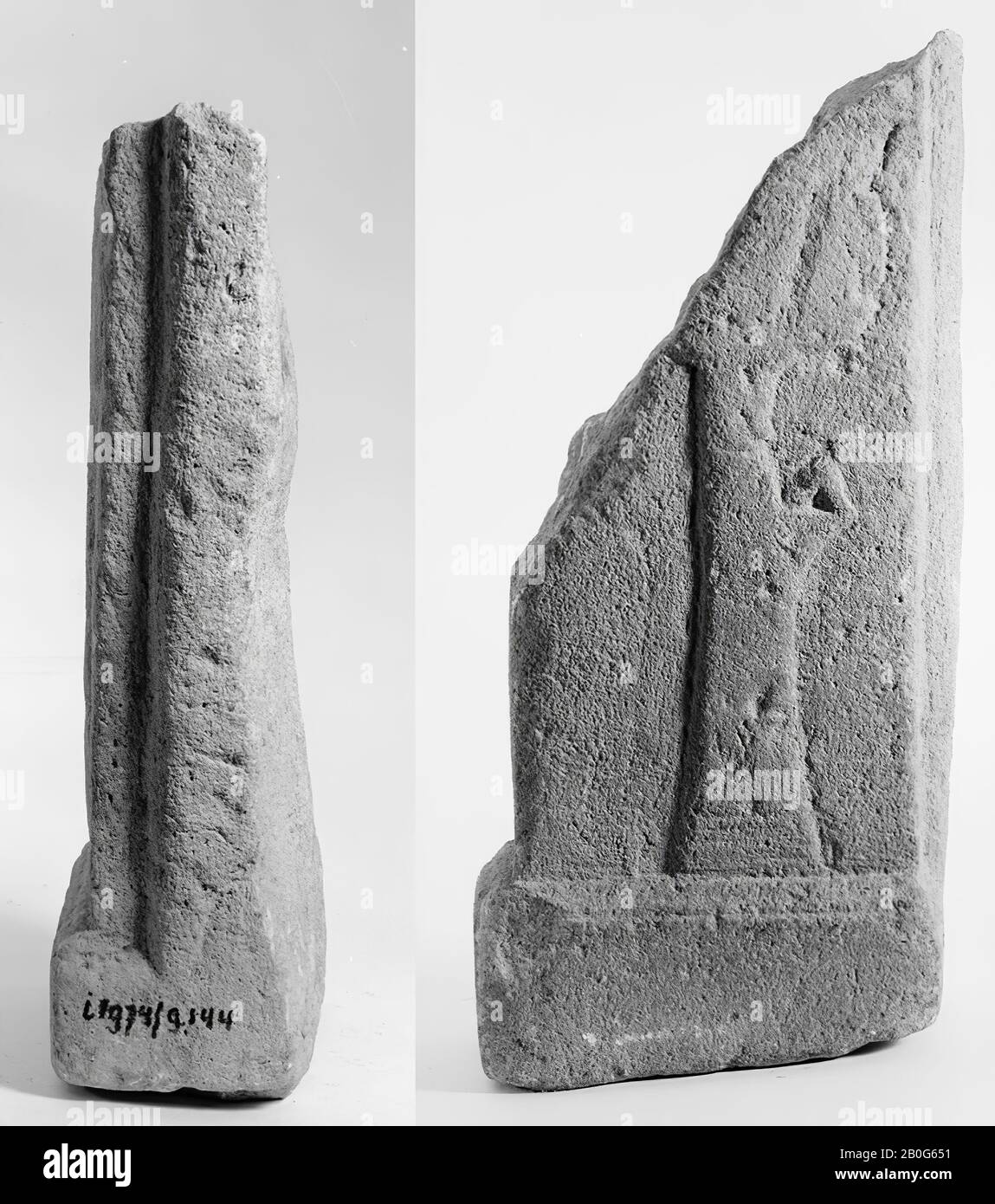 Lower right corner of an altar. Limestone. There is a plinth in front ...