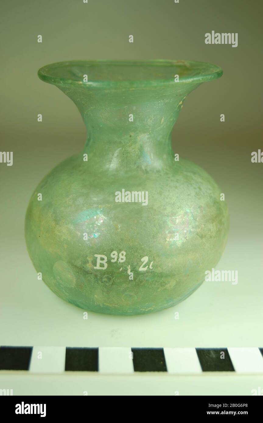 Glass ball shaped vase with outstanding neck. Undecorated free-blown transparent glass. Old inventory number: nm 13066., crockery, glass, H 8 cm, Roman Period 50-100 AD, Lebanon Stock Photo