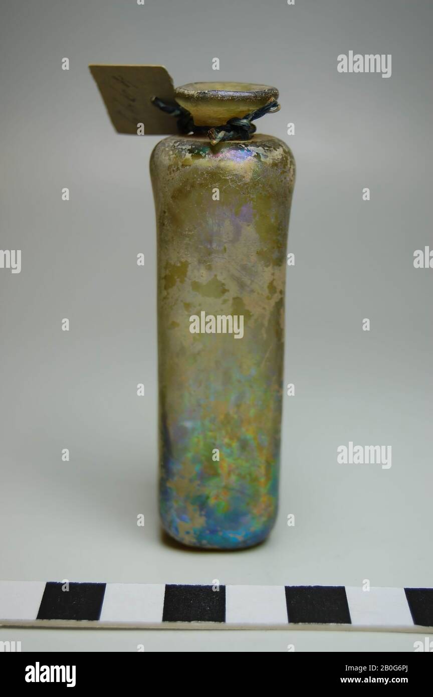 Glass bottle of square shape of free-blown, green glass with iridescence. Old inventory number: 4999., bottle, glass, Height: 8 cm, Roman 50-100, unknown Stock Photo