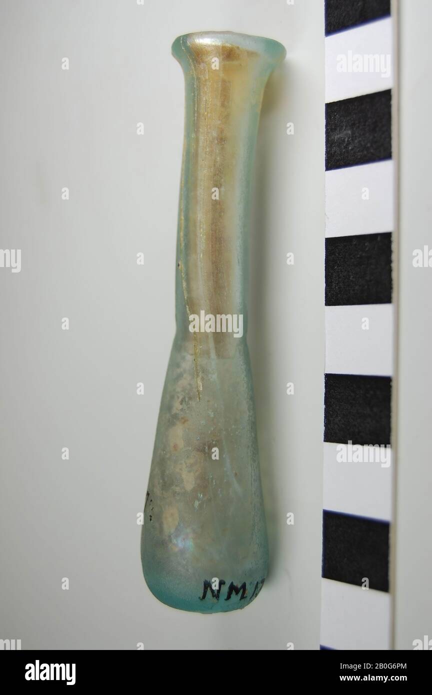 Glass bottle with slender neck and upright lip. Freeblown, bluish transparent glass. Old inventory number: nm 13060., bottle, glass, Height: 8.5 cm, Roman 50-100, unknown Stock Photo