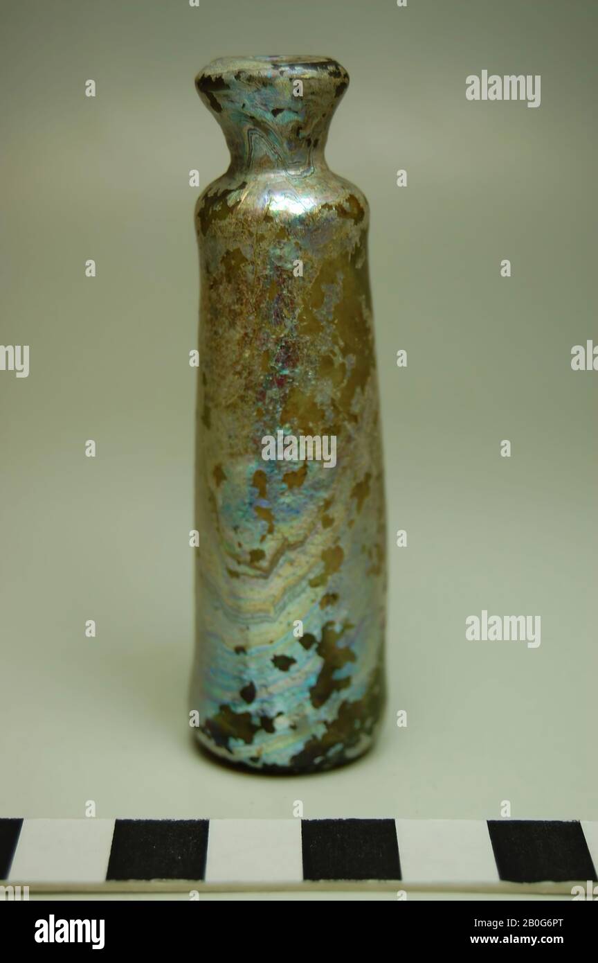 Glass bottle with small neck of green, free-blown glass. Flaking iridescence. Old inventory number: RBK 15276 A, bottle, glass, Height: 8 cm, Roman 50-100, unknown Stock Photo