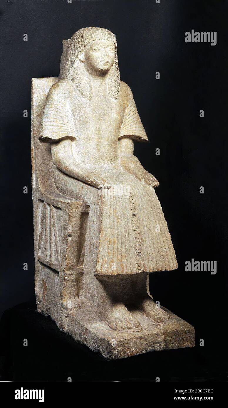 Sitting statue, Ptahmes, Text column: May everything that emerges from Osiris Onnophris' offering table, consisting of bread, beer, cattle, poultry, destined for the royal writer, overseer of the domain, Ptahmose, true of voice., sculpture, limestone, 142 x 47.5 x 90 cm (55 7 Stock Photo